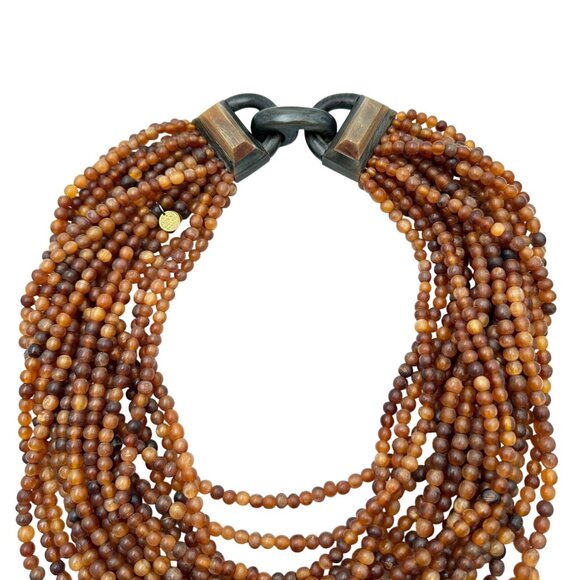 Gerda Lynggaard Monies Signed Multistrand Necklace Amber Horn Bead Fancy Clasp - Picture 2 of 4
